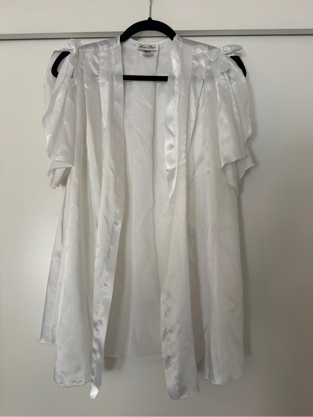 Vintage Miss Dior White Satin Open Bed Jacket Kimono Robe with Bow Shoulders S/M